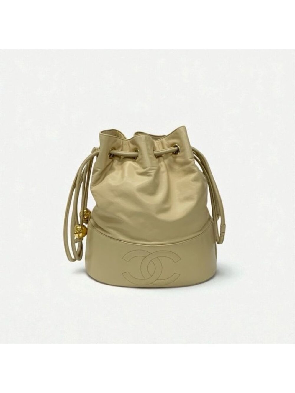 Chanel Bag Shoulder Lambskin Beige Gold Pouch Drawstring